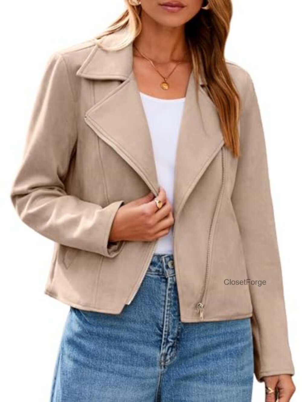Faux Suede Cropped Moto Jacket Long Sleeve Zip Biker Fall Coat